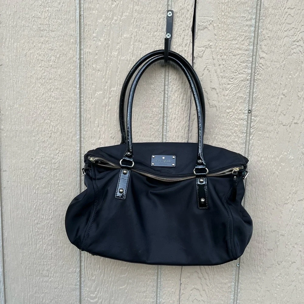 Kate Spade New York Fold Over Black Nylon with Black‎ Patent Leather Handles